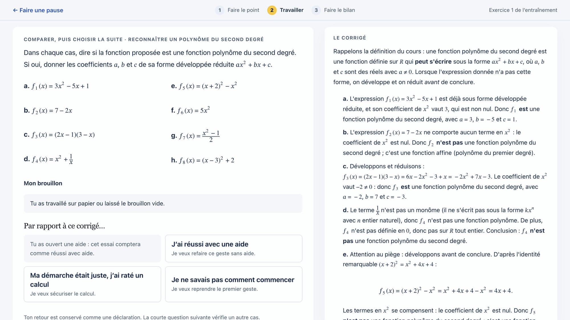La correction dans l'app : le corrigé étape par étape et quatre réponses possibles